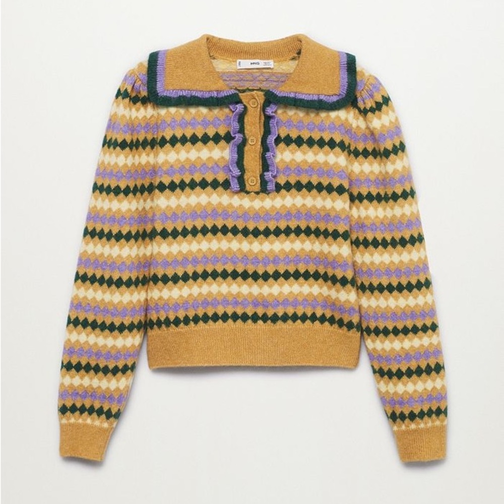 Mango knitted sweater with collar and ruffle detail in retro stripes Size M